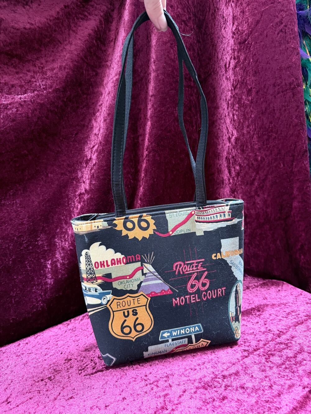 Vintage Y2K Route 66 Shoulder Bag – Rhinestone Road Trip Print Novelty Purse